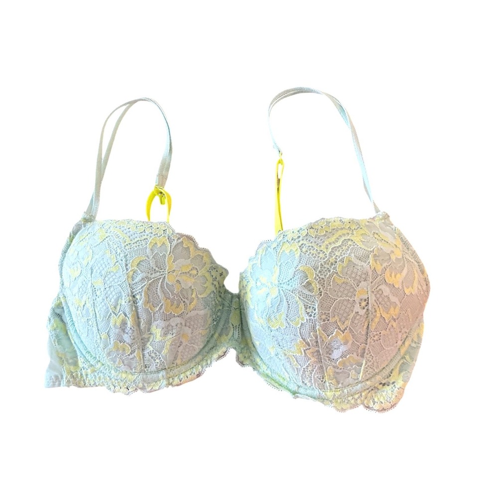 PINK Victoria's Secret Lightly Lined Demi Bra 36C Mint Green Lace Neon‎ Yellow